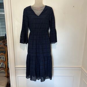 VILAGALLO Navy Blue Eyelet Midi Dress 100% Cotton Bell Sleeve Size 38
